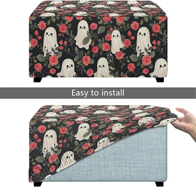 Halloween Rose Ghost Ottoman Cover - Scary Print Stretch Slipcover with Non-Slip Elastic Bottom, Fits Rectangular Storage Footstools, 33x30x15 Inch Holiday Party Decor