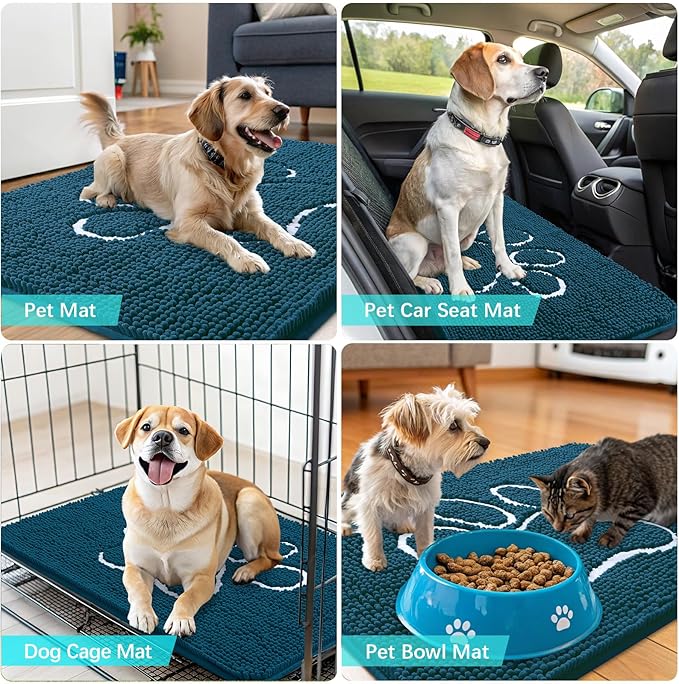 OLANLY Dog Door Mat for Muddy Paws 70x46, Paw Print Design, Absorbs Moisture and Dirt, Absorbent Non-Slip Washable Doormat, Quick Dry Chenille Mud Mat, Entry Indoor Entryway Carpet, Atlantic Blue