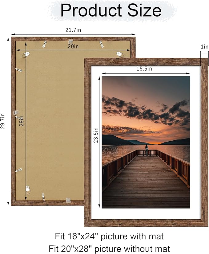 20x28 Poster Frame Set of 2, 20 x 28 Wood Picture Frames with Mat for 16x24, Wooden Photo Frame with Tempered Glass Cover for Wall Mounting Display, Rustic Brown
