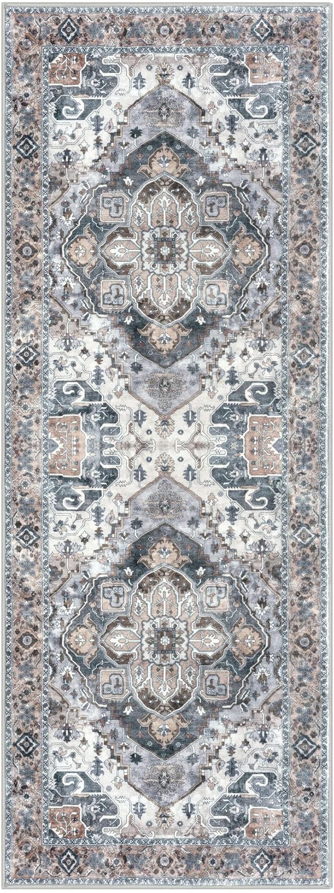 2x6 Washable Runner Rug for Hallways, Ash Taupe Soft Floor Vintage Kitchen Rugs with Non-Slip, Non-Shedding Boho Rug for Bedroom Kitchen Porch Laundry Entryway