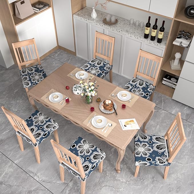 Stretch Dining Chair Seat Covers Set of 6,Dining Chair Slipcovers, Floral Printed Chair Covers,Soft Fabric Washable Upholstered Chair Seat Protector, No Rear Covers for Home Kitchen Dining Room