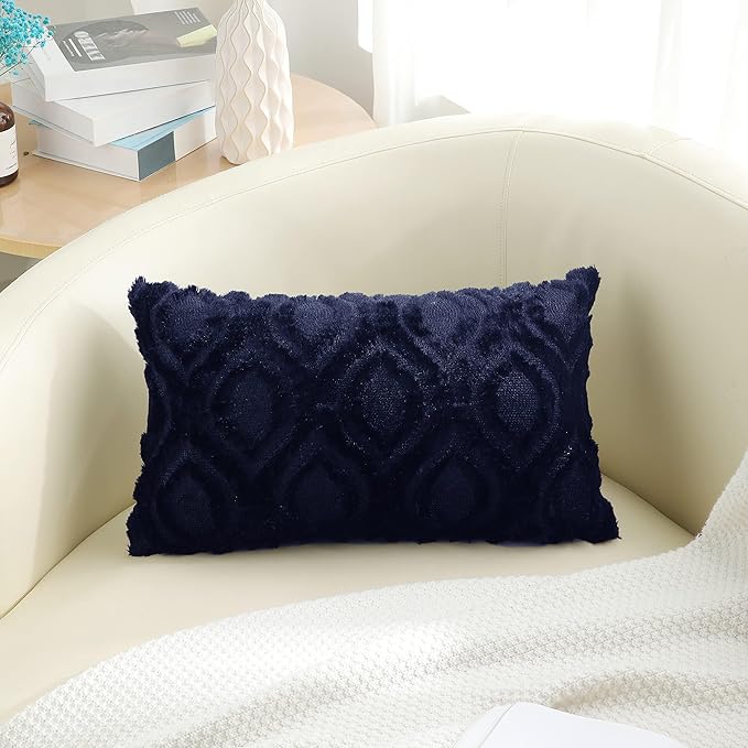 decorUhome Throw Pillow Covers 12x20 Inch Set of 2, Soft Plush Faux Wool Navy Blue Solid Couch Pillow Covers, Accent Farmhouse Neutral Lumbar Pillow Cases for Sofa Bed Living Room