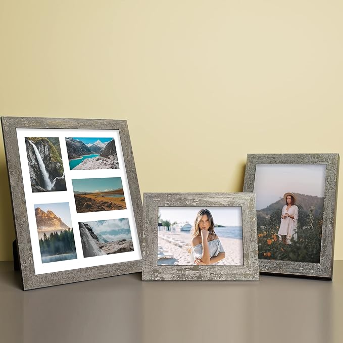 iRahmen 5x7 Picture Frame Set of 4, High Definition Glass Distressed Moss Green Frame, 5 x 7 Wood Photo Frames for Tabletop Display and Wall Mounting