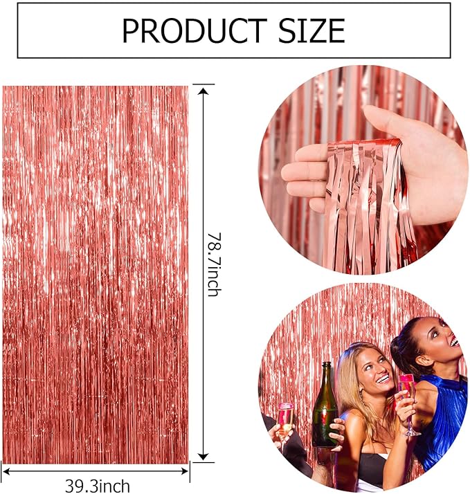 2 Pack Rose Gold Fringe Curtain Backdrop Birthday Bachelorette Party Decorations Metallic Tinsel Streamers Foil Backdrop Christmas Graduation Wedding New Year Party Decorations