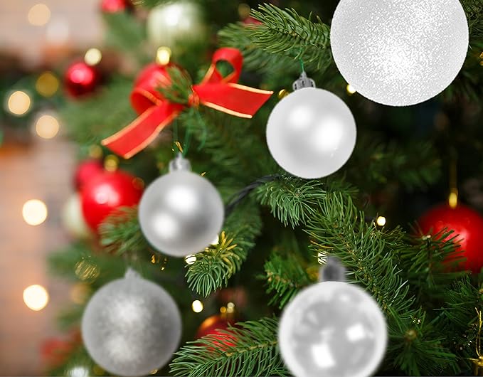 100 Silver and White Christmas Ornament Balls Shatterproof + 100 Metal Ornament Hooks, Hanging Ornaments for Indoor/Outdoor Xmas Christmas Tree, Holiday Party Home Décor 1.2" 1.6" & 2.4"