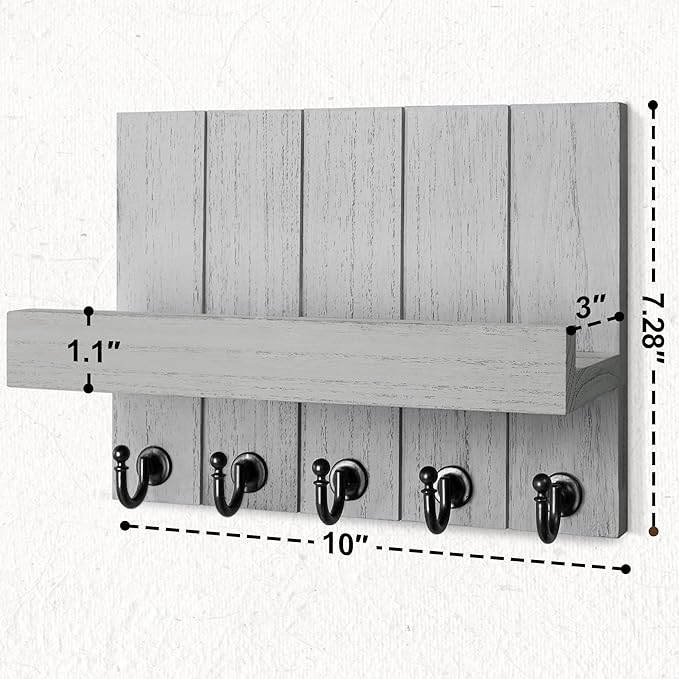 Rebee Vision Decorative Key and Mail Holder for Wall - Modern Key Hooks with Shelf and Mail Organizer Wall Mount for Frmhouse House Decor - Stylish Apartment Essentials (Gray, 3.54"D x 10"W x 7.28"H)