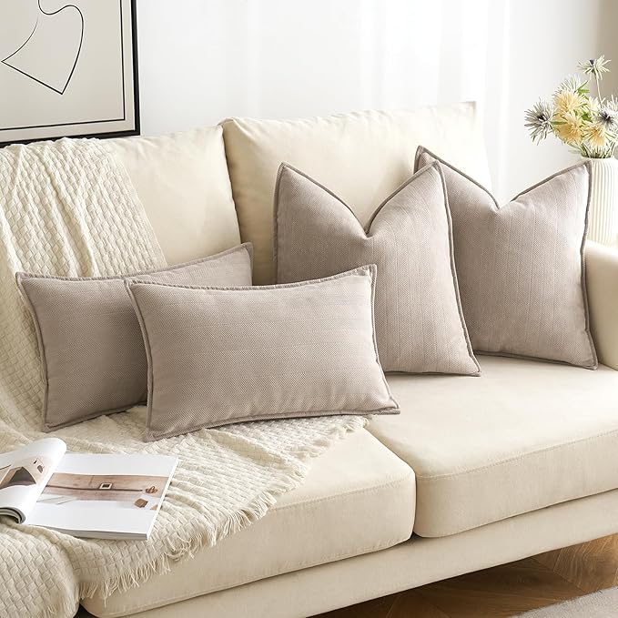 MIULEE Pack of 2 Beige Decorative Pillow Covers 24x24 Inch Soft Chenille Luxurious Couch Throw Pillows Farmhouse Cushion Covers Euro Shams with Elegant Design for Sofa Bedroom Living Room Home Decor