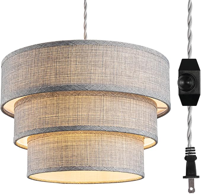 Plug in Pendant Light, Hanging Lamp with Dimmable Switch, Hanging Light Fixtures with 15 Ft Cord, Swag Light with Grey Fabric Shade for Bedroom, Kitchen, Living Room, Dining Table