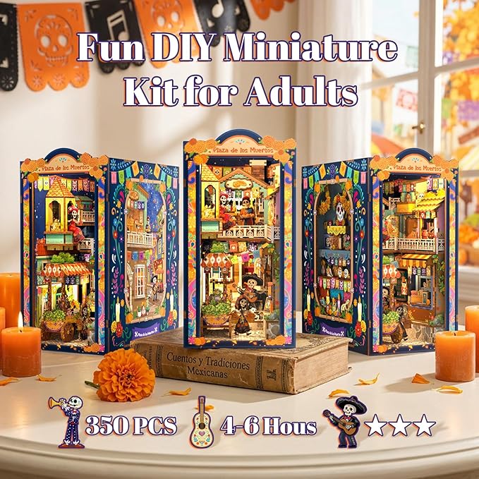 Fsolis Book Nook Kit - Decorative Bookends 3D Wood Puzzles Bookshelf Insert Diorama Kit DIY Miniature House for Adults Bookish Gifts for Women Book Lovers Bookworm (Plaza de Los Muertos)