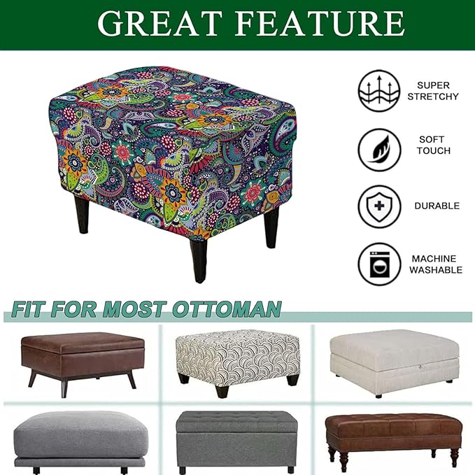 CRFATOP Ottoman Chair Cover Large Ottoman Chair Slipcovers Printed Rectangle Storage Stool Cover Stretch Footstool Footrest Furniture Protector for Bar Counter Living Room,C04