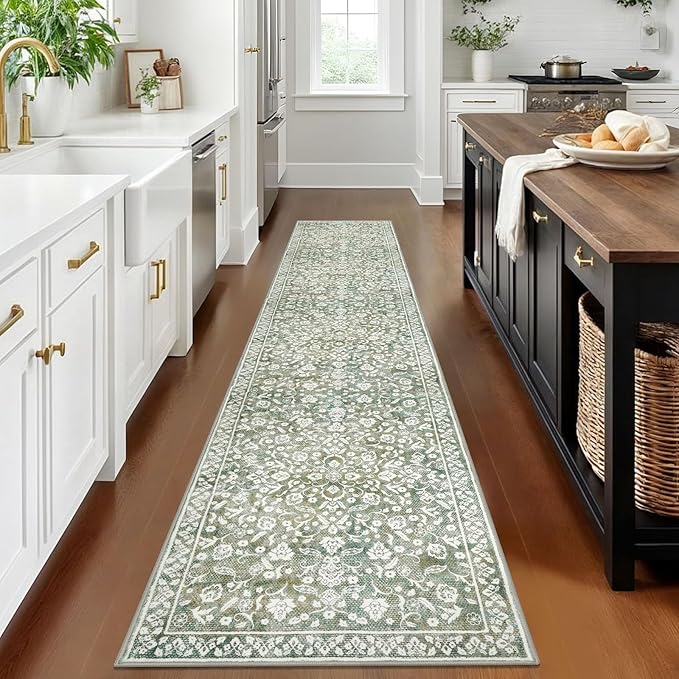 Vintage Runner Rugs for Hallway 2x10, Sage Green Beige Washable Long Hallway Runner Rug Non Slip, Super Soft Kitchen Runner Rug, Print Faux Wool Floral Thin Carpet Runner for Entryway Bedroom