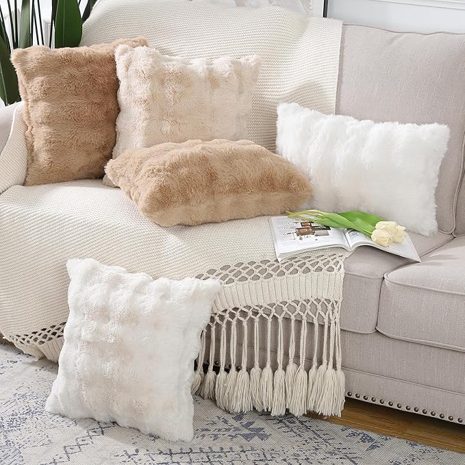 MADIZZ Pack of 2 Thick Plush Wool Throw Pillow Covers 20x20 Inch Beige Soft Neutral Decorative Throw Pillows Accent Boho Cushion Covers for Couch Sofa Bedroom Pillow Shell