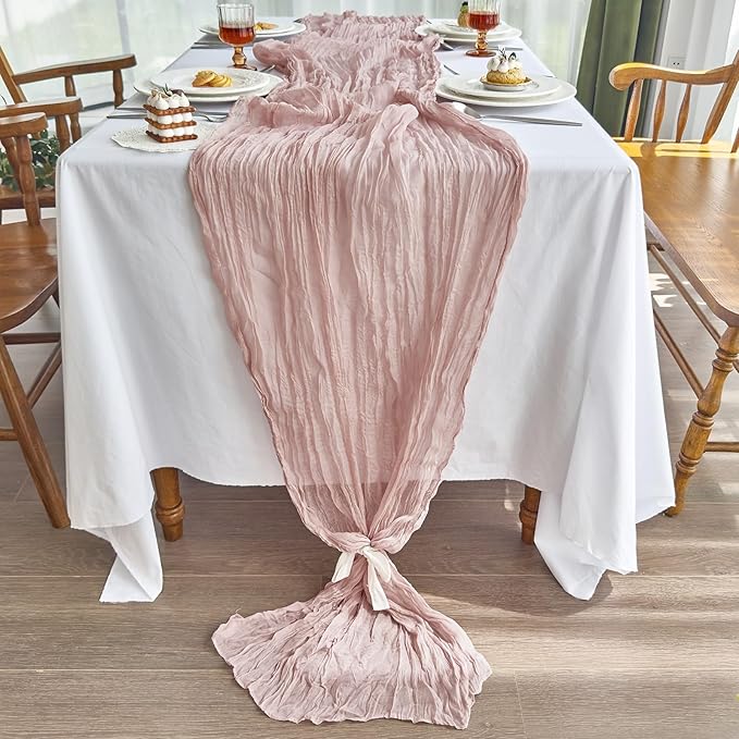 IVAPUPU 4 Pcs Cheesecloth Table Runner - 10ft Dusty Pink Boho Gauze Cheese Cloth Table Runners for Baby Shower Decoration Wedding Party Summer Garden Farmhouse Valentines Day Decorations