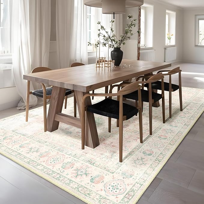 MUJOO 6x9 Area Rugs Washable,Boho Rugs for Living Room Bedroom Dining Room,Large Non Slip Throw Carpet Indoor,Low Pile Light Pink and Green