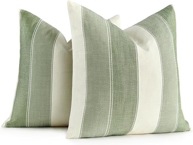 AmHoo Pack of 2 Farmhouse Stripe Check Throw Pillow Covers Set Case Cotton Linen Decorative Pillowcases Cushion Cover for Couch Bench Sofa 16x16 Inch Sage Green