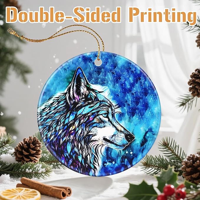 Ceramic-Style Christmas Tree Decorations, Christmas Ornaments, Double-Sided Printed Ornament Keepsakes, Holiday Decor. Xmas Gifts, Gifts for Wolf Lovers - Wolf-Themed