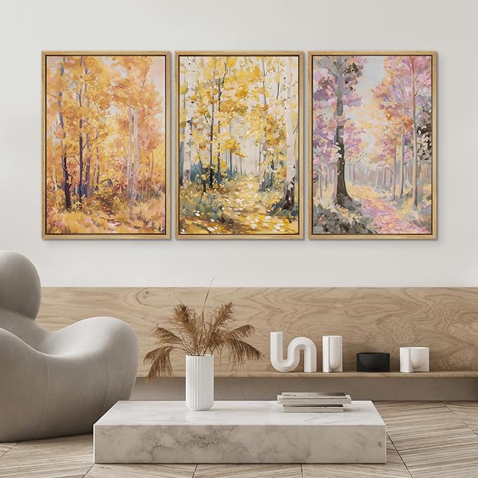 SIGNWIN Framed Canvas Print Wall Art Set Golden Autumn Forest Path Impressionist Landscape Illustrations Modern Art Decorative Chic Calm for Living Room, Bedroom, Office - 16"x24"x3 Natural