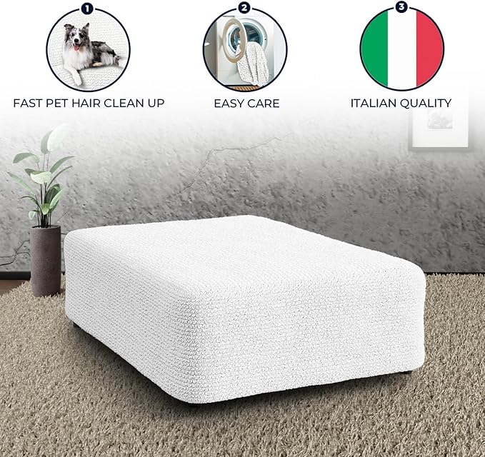 PAULATO BY GA.I.CO. Big Ottoman Cover Stool Cover Pouf Slipcover - Soft Polyester Fabric Slipcover - 1-Piece Form Fit Stretch Furniture Protector - Microfibra Collection - Crisp White (Ottoman)