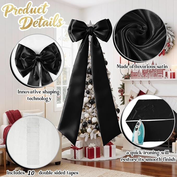 Giant Black Bow Decor 75x19 Inch Christmas Tree Topper Decoration Big Bows for Room Home Coquette Room Decorations Wall Backdrop Ribbon Tie for Wedding Christmas Birthday Party Baby Shower