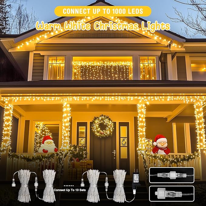 JMEXSUSS 2 Pack 100 LED Warm White Christmas Lights Indoor, Connectable 33ft Warm White String Lights Outdoor Waterproof, 8 Modes Christmas Tree Lights Plug in for Xmas Bedroom Yard Party Decorations