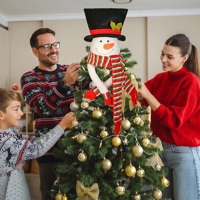 Christmas Tree Topper Snowman Top Hugger for Xmas Tree Holiday Decor Winter Wonderland Decoration New Year Ornament with Hat Shawl and Poseable Arms