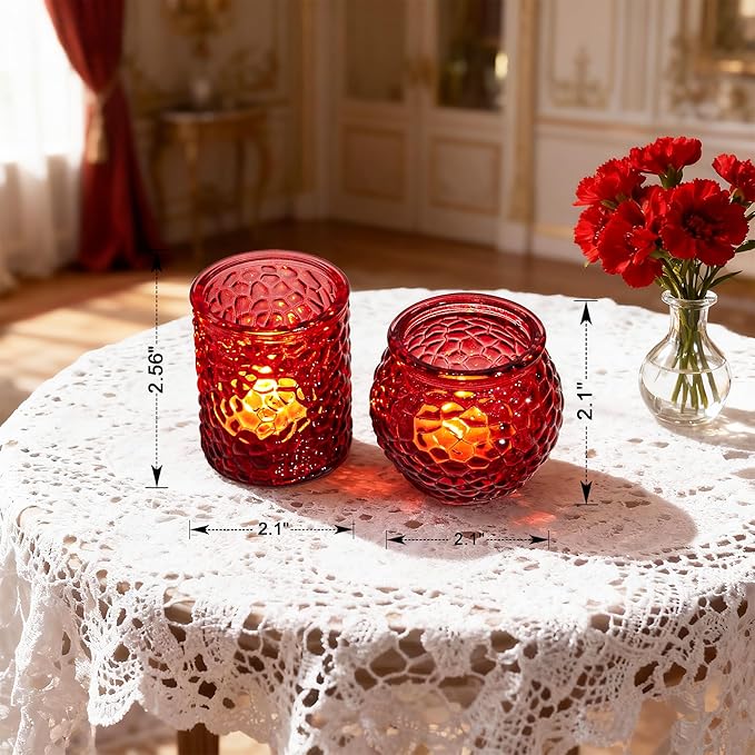 24-Piece Red Glass Votive Candle Holders Set – Tealight Candle Holder Glass Bulk with 12 Round & 12 Hammered Textured Cups, Red Votive Candle Holders for Weddings, Parties, Home
