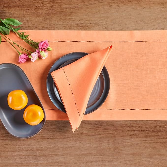 Solino Home Linen Coral Hemstitch Table Runner 60 Inches - 100% Pure Linen Small Table Runner 14 x 60 Inch Ideal for Dresser and Coffee Tables, Valentines, Spring, Easter - Classic Hemstitch