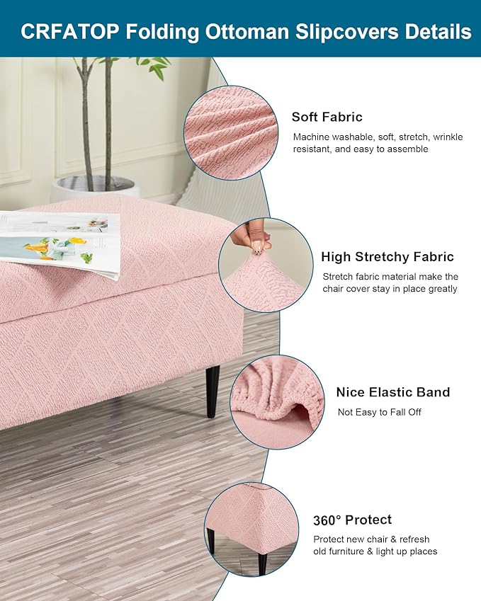 CRFATOP Jacquard Rectangle Ottoman Stool Cover Stretch Folding Storage Footstool Bench Slipcovers Upholstered Foot Chest Chair Covers Washable Entryway Furniture Protector with Elastic Bands,S,Pink