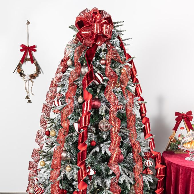Red Metallic Glitter Topper Bow for Christmas Tree 11 Inch Topper Bow with 6 Ribbons 3 Yards Long Each Tails Christmas Tree Ribbon Bows Elegant Holiday Decor