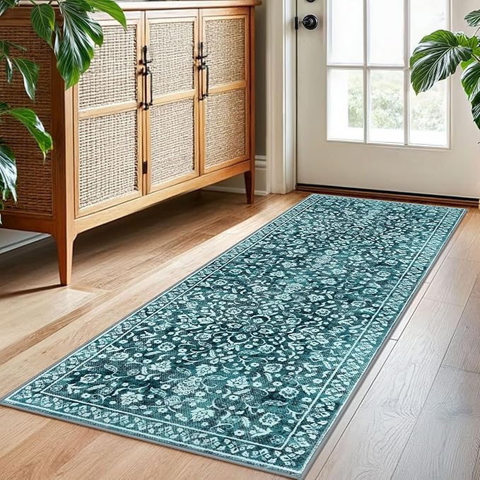 Vintage Washable 2x5 Rug Runner, Dark Teal Runners for hallways, Super Soft Kitchen Runner Rug Non Slip, Print Faux Wool Floral Thin Carpet Runner for Entryway Indoor Bedroom