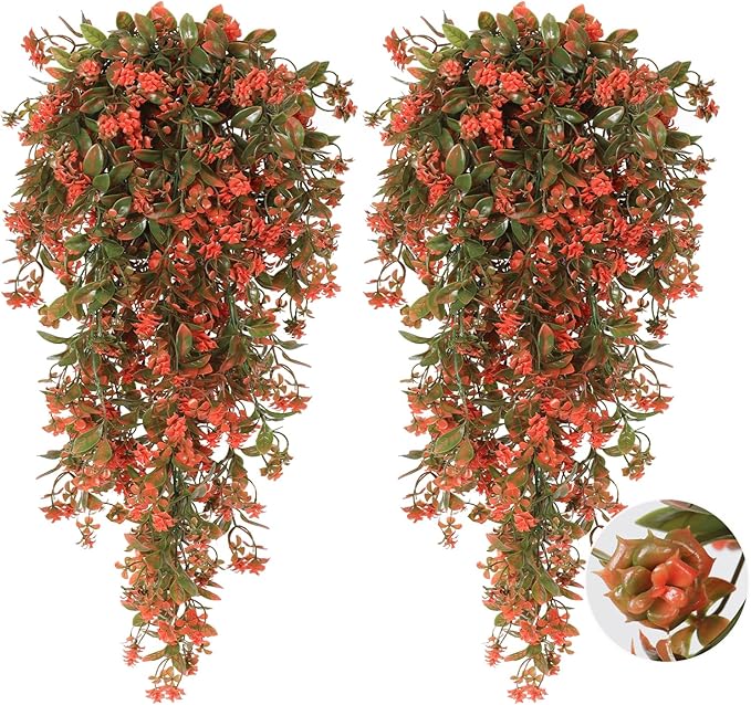 RECUTMS 2Pcs Fake Fall Plastic Outdoor Flowers Artificial Fall Hanging Plants Faux Greenery Vine Plant for Indoor Room Front Door Garden Porch Patio Wedding Party Decorations (Autumn Red)