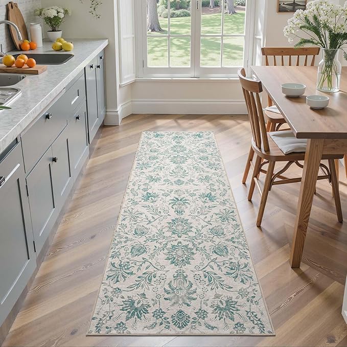 jinchan Torino Runner Rugs 2x6 Vintage-Inspired Floral Design Machine Washable Non-Slip Ultra-Thin Low Pile Rubber Backing Runner Rug for Kitchen Hallway Laundry Room Entryway