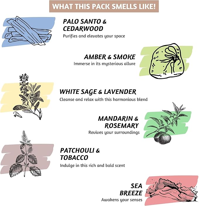 Folkulture Incense Sticks | Set of 6 (120 Insence Sticks) - Non Toxic Palo Santo & Sandalwood, Lavender, Patchouli, Rosemary Insence-Stick | 45 Min Burn Time | Inscents-Sticks for Women