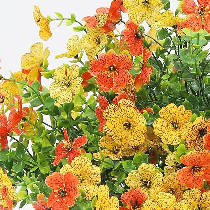 Artificial Flowers for Outdoors 6PCS，All Weather Fade Proof, UV Resistant Waterproof Realistic Faux Silk Mums Daisies Yellow & Orange for Hanging Planters Porch Patio Balcony Deck Fence Garden Decor