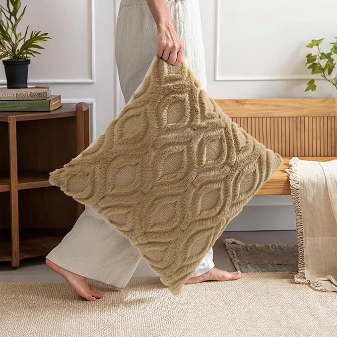 decorUhome Throw Pillow Covers 20x20 Inch Set of 2, Soft Plush Faux Wool Khaki Solid Couch Pillow Covers, Accent Farmhouse Neutral Square Pillow Cases for Sofa Bed Living Room