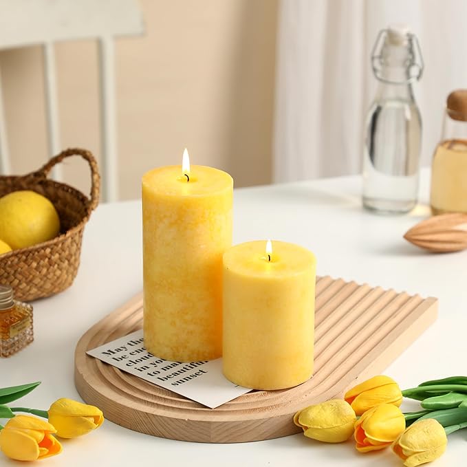 3x4 inch Yellow Pillar Candles Set of 3, Unscented Pillar Candle, Dripless and Smokeless Large Candles, Candle for Home Decor, Dinner Table,Weddings, Holidays