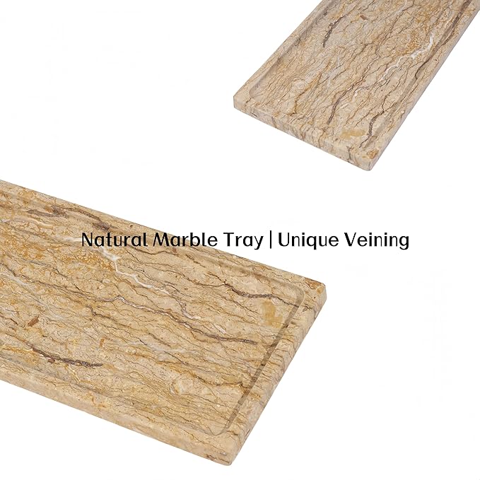 Solid Natural Marble Vanity Tray - 11.8"x5.9" Rectangular Bathroom & Dresser Organizer, Non-Resin Stone Tray for Jewelry/Perfume, Marble Trays for Decor Rectangl