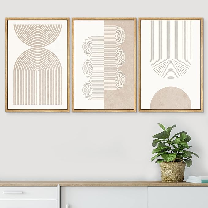 SIGNWIN Framed Canvas Print Wall Art Set Geometric Duotone Tan Spiral Waves Shapes Abstract Illustrations Modern Art Decorative Nordic Calm/Zen for Living Room, Bedroom, Office - 24"x36"x3 Natural
