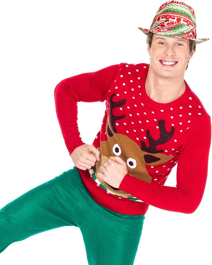 Skeleteen Ugly Sweater Fedora Hat - Funny Christmas Holiday Red and Green Ugly Sweater Party Hat for Adults and Kids