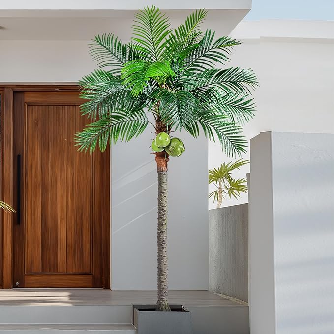 Artificial Phoenix Palm Tree 8.2ft Tall - Fake Large Tropical Tree with Adjustable Leaves, Realistic Faux Sago Palm for Indoor Outdoor Decor, Patio, Poolside, Yard, Living Room, Office