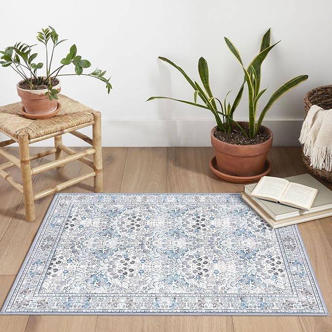 2x3 Washable Area Rug, Grey Blue Soft Rug for Entryway, Non-Slip Indoor Door Mat Boho Low-Pile Kitchen Rugs, Floor Modern Carpet for Entrance Kitchen Bedside Farmhouse