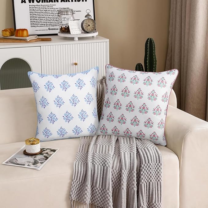 Adabana Outdoor Waterproof Floral Pillow Covers Set of 2 Blue and White Throw Pillow Covers 18x18 Inch Square Decorative Cushion Case for Farmhouse Sofa Patio Couch Living Room