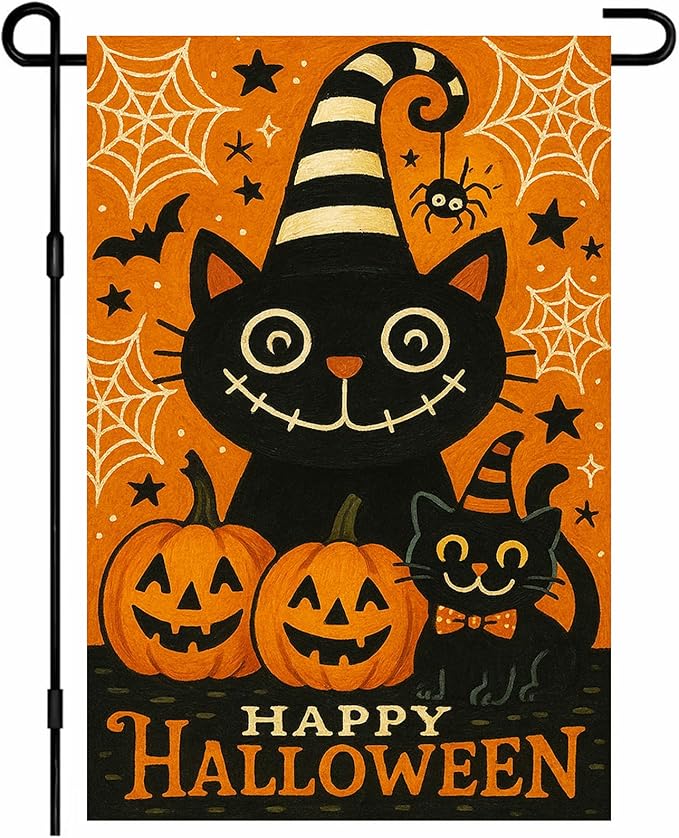 Halloween Garden Flag Black Cat Pumpkin Double Sided 12x18 Inch Trick Or Treat Fall Outdoor Flag Spooky Ghost Spider Web Sign for Lawn Yard Porch Party Seasonal Holiday Halloween Decoration