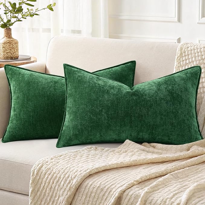 decorUhome Christmas Couch Throw Pillow Covers 12x20 Set of 2, Decorative Soft Euro Velvet Neutral Chenille Lumbar Pillow Covers with Elegant Design for Sofa Bed Living Room Home Decor, Green