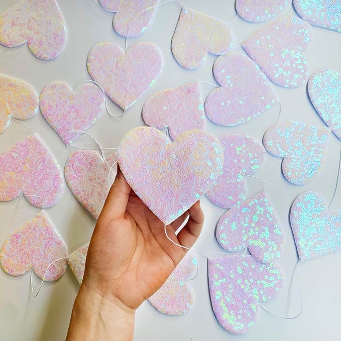 Iridescent White Heart Decorations Double Sided Sequin Fabric 3D Heart Hanging Wall Art Heart Garland Streamer for Nursery Classroom Bedroom Wall Valentines Day Holiday Weeding Anniversary Home Decor