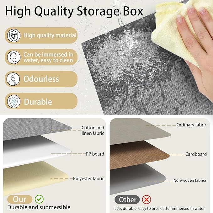 Yawinhe Storage Bins with Lids, Closet Baskets, Washable and Leather Handle, Collapsible Boxes for Home, Grey, 17.7''Lx11.8''Wx11.8''H, 1-Pack, USNK024GX-1