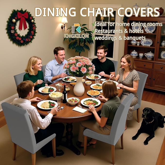 Chair Covers for Dining Room Set of 6, Washable Parson Chairs Slipcover Kitchen Seat Protector for Home, Party, Hotel, Banquet (Chenille Grey)
