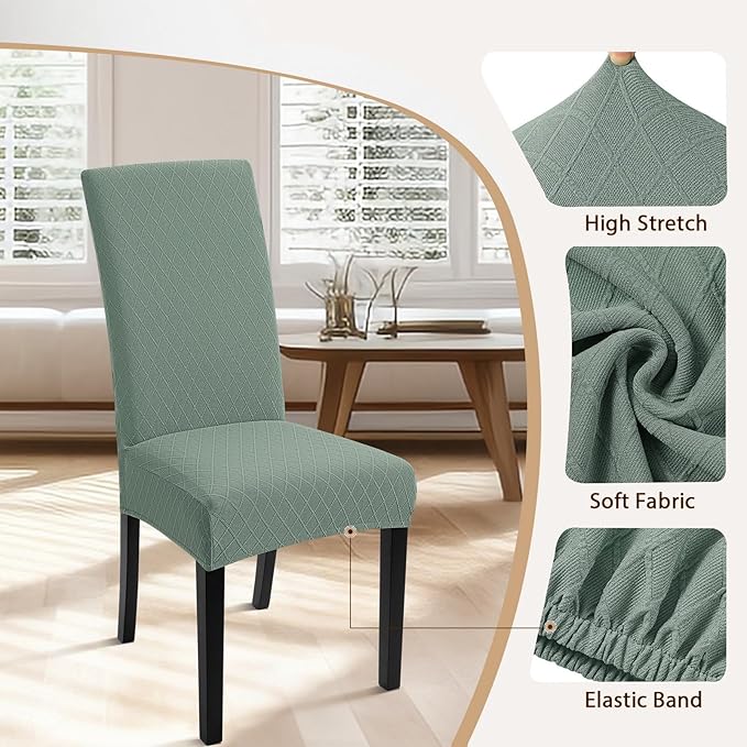 SearchI Dining Room Chair Covers Set of 6, Stretch Jacquard Parsons Chair Slipcovers Removable Washable Kitchen Chair Protector Cover for Dining Room, Hotel, Ceremony (Sage Green Rhombus)