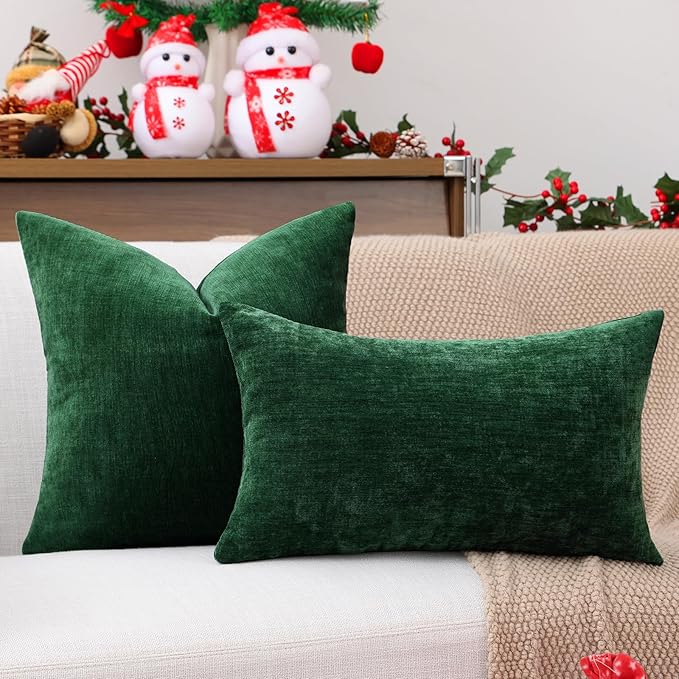 decorUhome Chenille Green Christmas Throw Pillow Covers 20x20 Inch Set of 2, Decorative Soft Couch Pillow Covers Solid Dyed Accent Farmhouse Neutral Square Pillow Cases for Sofa