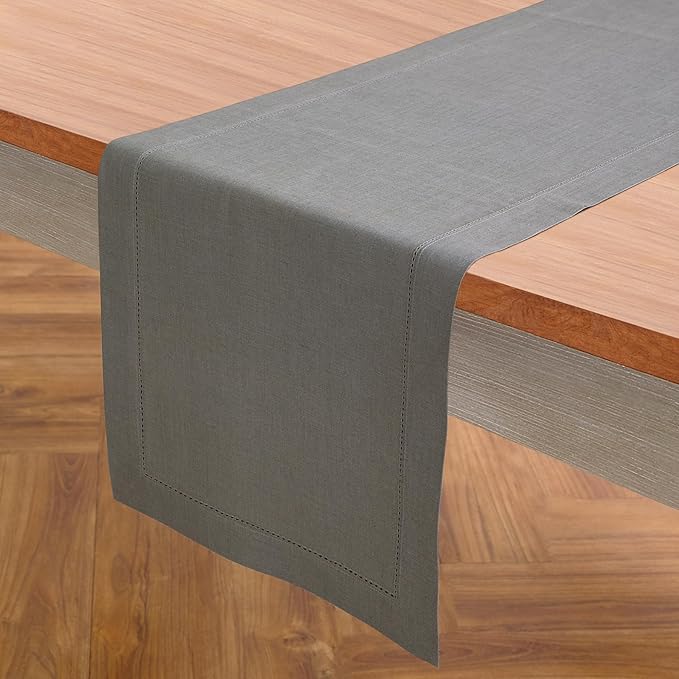 Solino Home Linen Steel Gray Table Runner 90 Inches Long - 100% Pure Linen Hemstitch 14 x 90 Inch Table Runner for Dining, Spring - Classic Hemstitch